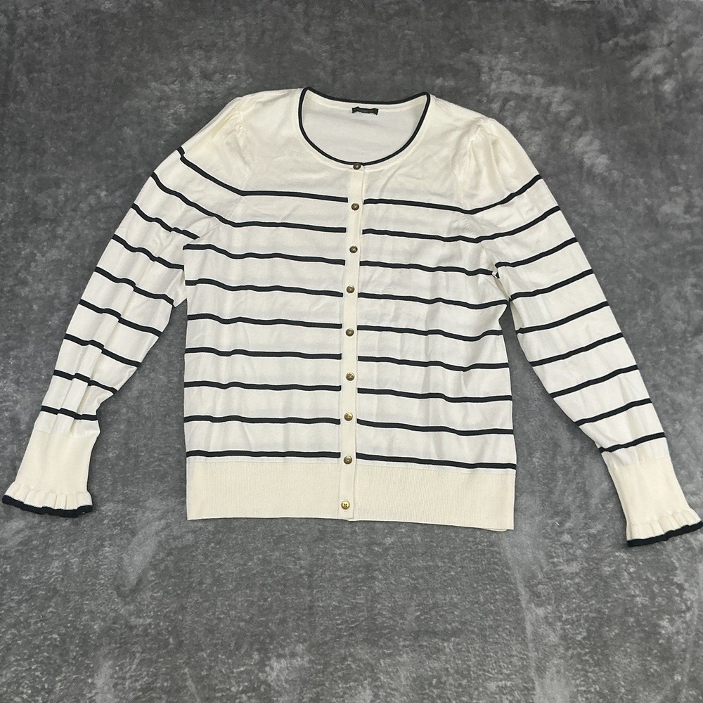 Talbots Striped Ruffle Sleeve Cardigan Size XL Preppy Coastal Gold Button Cream